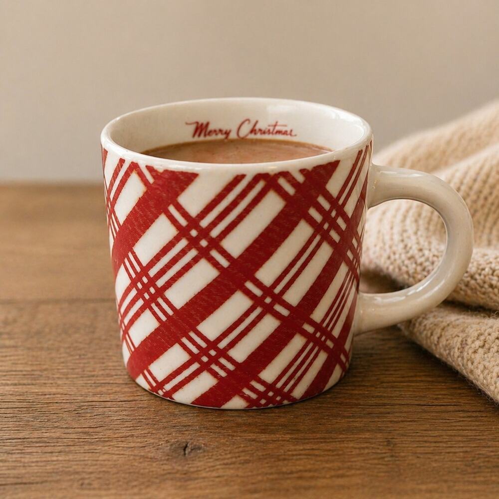 Hearth & Hand Magnolia Christmas Mug Red Plaid Candy Cane Stoneware 16oz